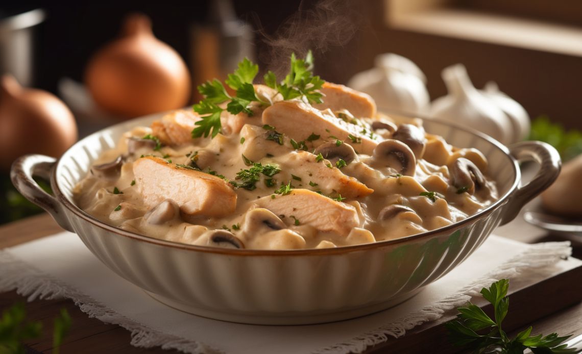 Creamy homemade chicken stroganoff with tender chicken strips, mushrooms, and onions in a rich sour cream sauce, served over buttery egg noodles.