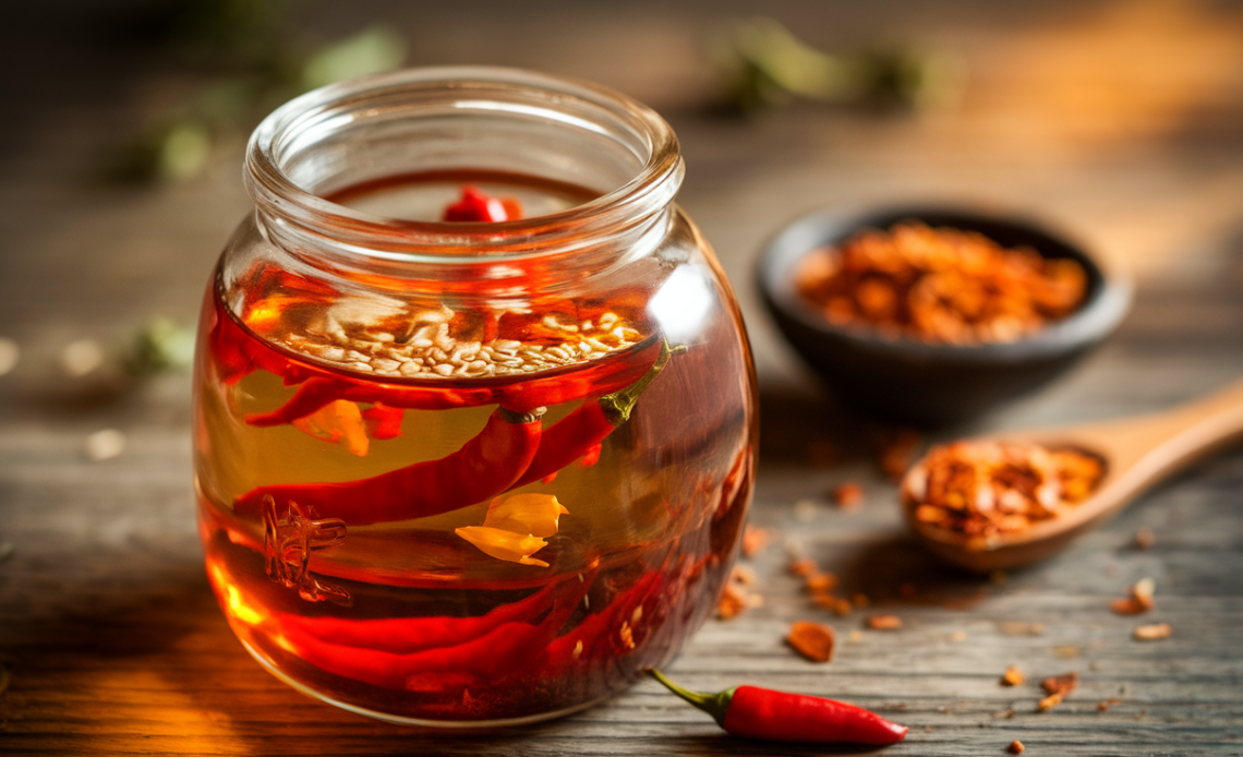 Glass jar of homemade chilli oil with red chili flakes, garlic, and sesame seeds in golden oil, drizzled over a spoon.