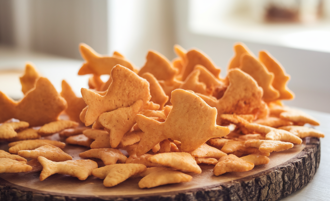 A bowl filled with homemade healthy goldfish-shaped crackers on a wooden table.