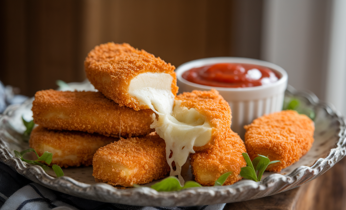 Golden, crispy mozzarella sticks stacked on a plate with marinara dipping sauce on the side.
