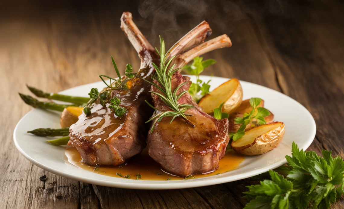 Juicy grilled lamb chops glazed with sticky honey garlic sauce, garnished with rosemary and served on a white plate.