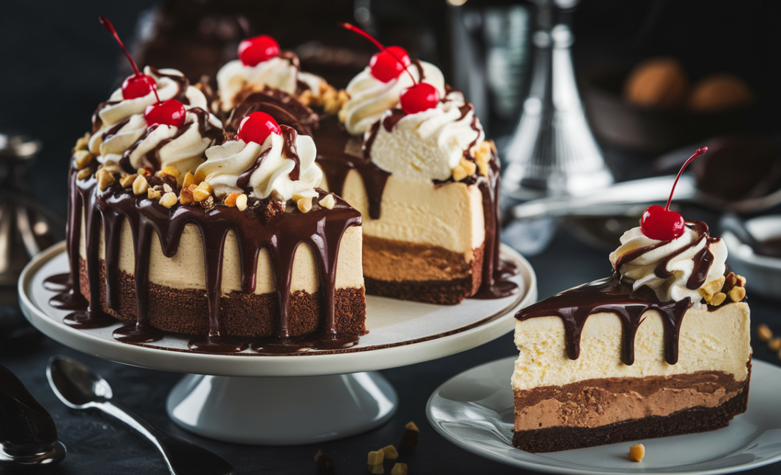 Decadent Hot Fudge Sundae Brownie Cheesecake with chocolate drizzle, whipped cream, and a cherry on top.