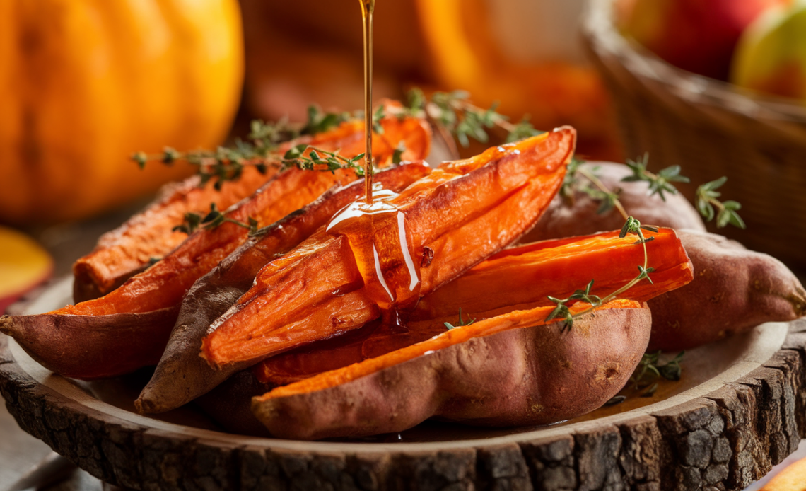 Golden-brown smashed sweet potatoes drizzled with hot honey, garnished with herbs, and served on a rustic baking tray.