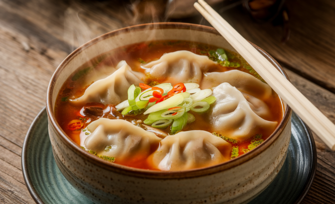 Chef presenting a steaming bowl of hot and sour dumpling soup with fresh herbs and chili oil garnish