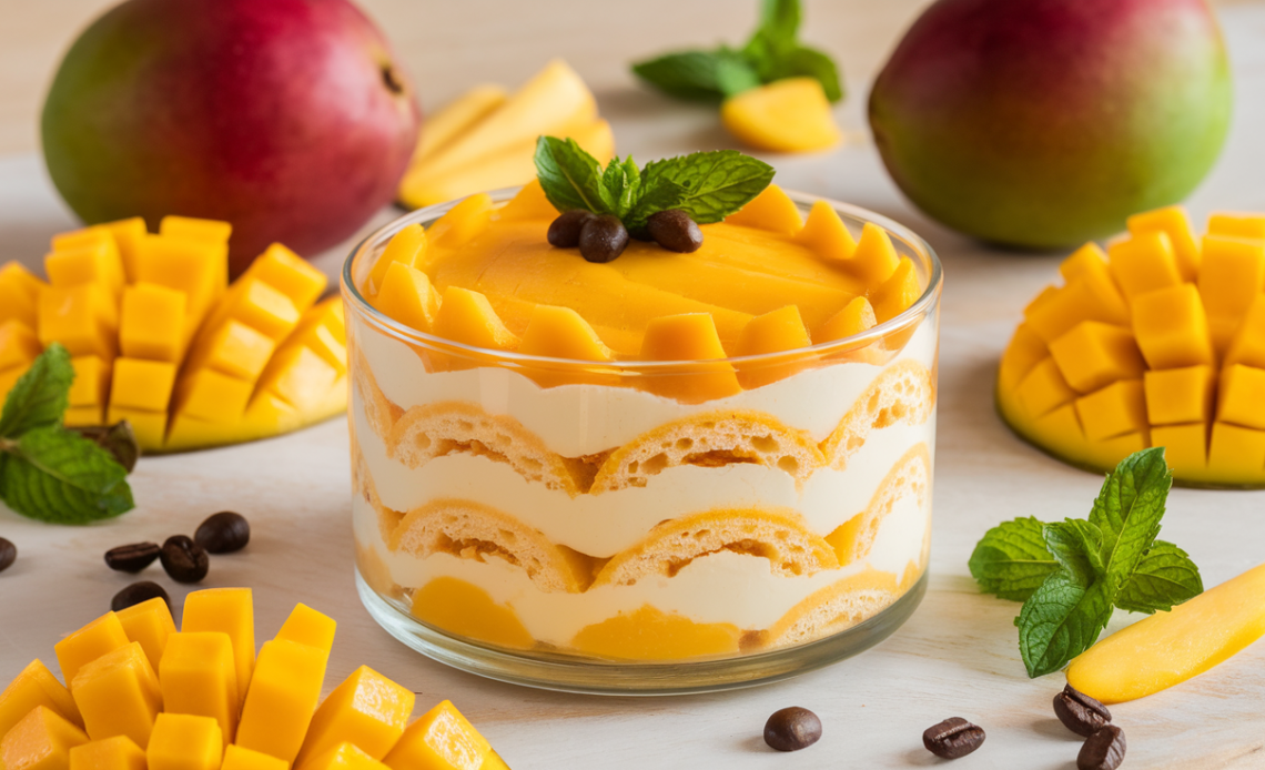 Homemade mango tiramisu with layers of fresh mango, mascarpone cream, and ladyfinger biscuits, garnished with mango slices and mint leaves.