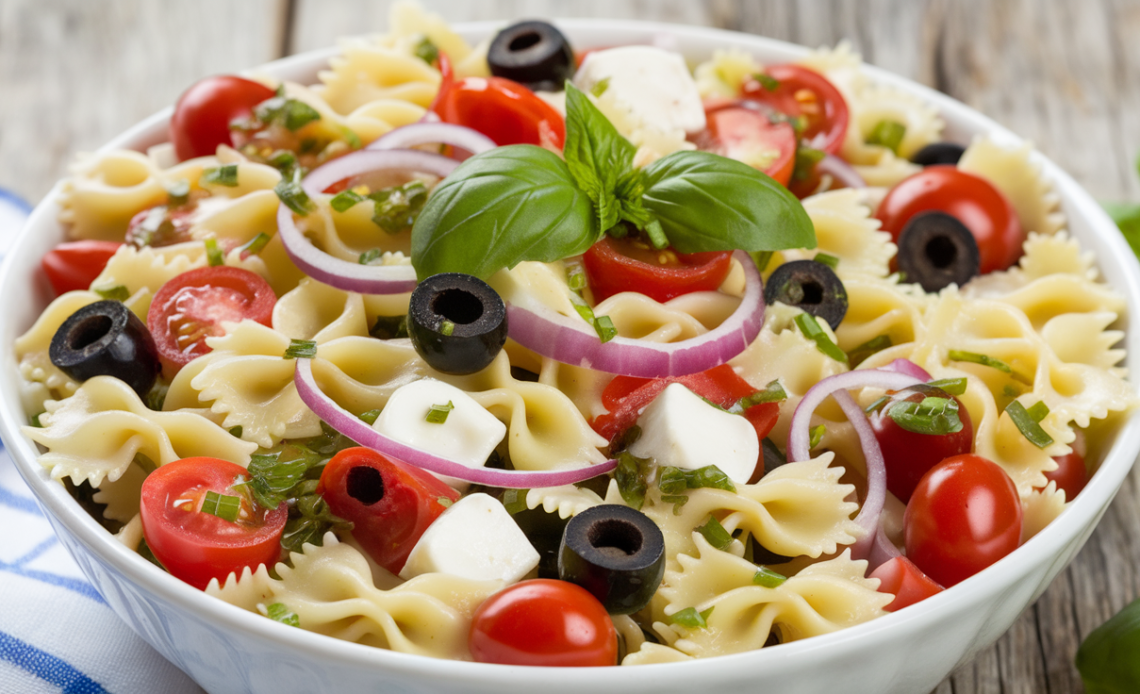 Colorful Italian bow tie pasta salad with cherry tomatoes, olives, mozzarella, and fresh basil in a white bowl, drizzled with balsamic dressing.