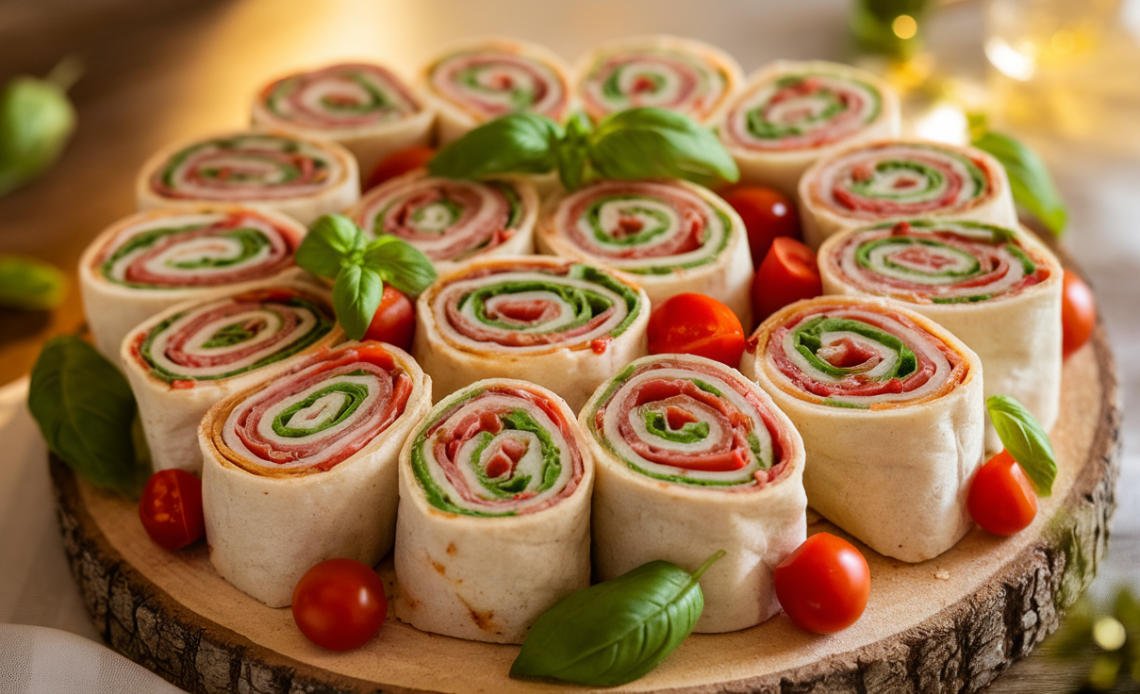 Colorful Italian pinwheel sandwiches with salami, provolone, spinach, and roasted peppers, neatly sliced on a wooden board.