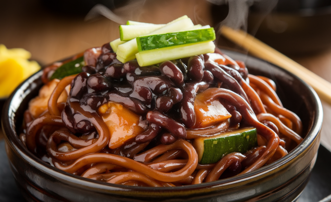 A steaming bowl of Korean Jajangmyeon (black bean noodles) topped with diced pork, zucchini, and onions in a rich, savory sauce, garnished with cucumber strips.