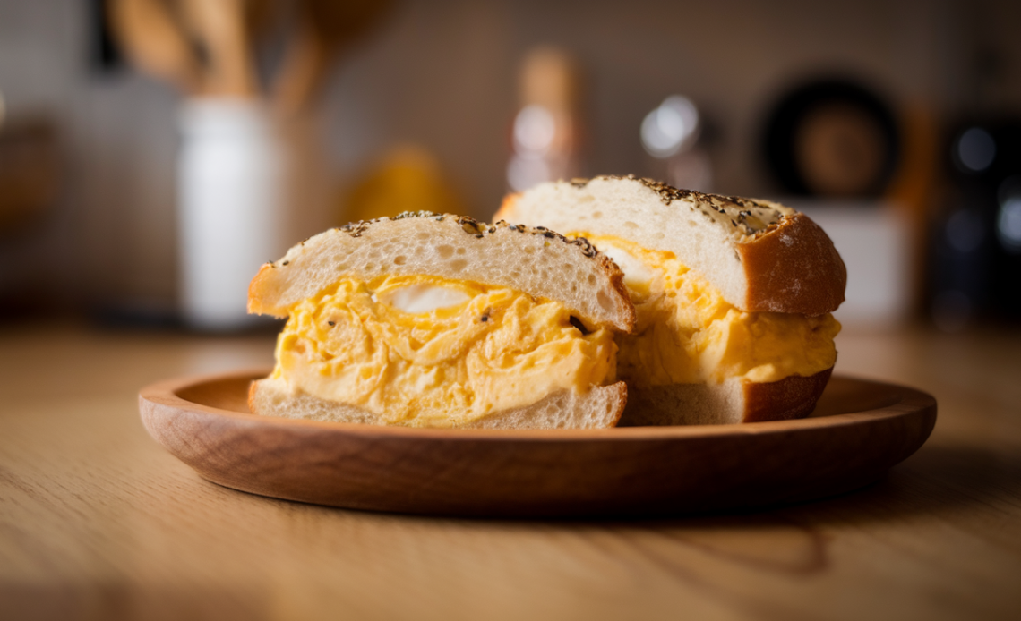 Creamy Japanese Egg Salad Sandwich (Tamago Sando) on soft white bread, garnished with chives, sliced in half to show fluffy filling.