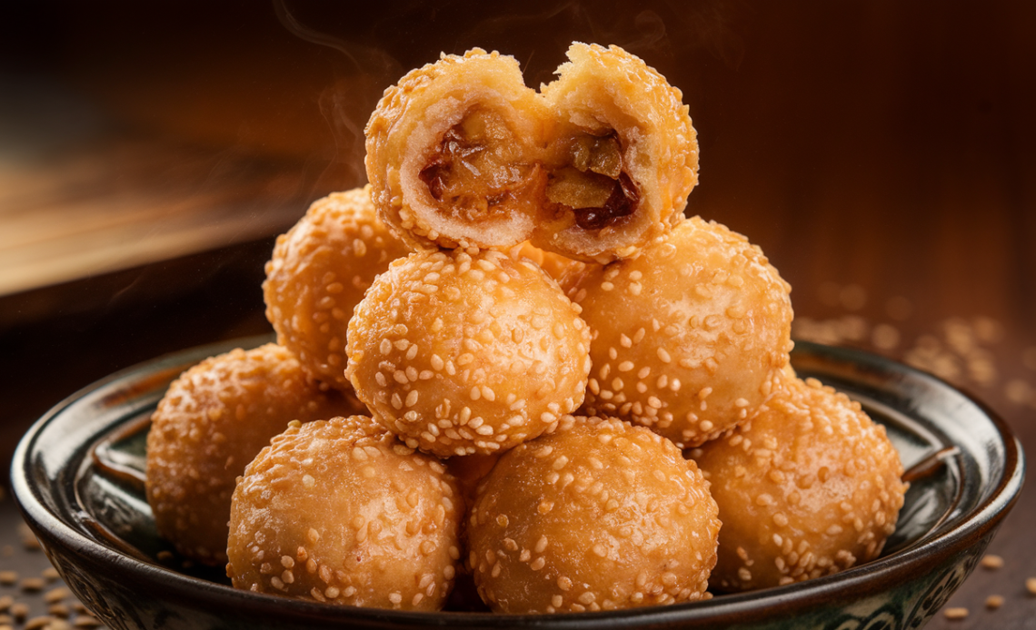 Freshly fried Jian Dui (Chinese sesame seed balls) with golden crispy crust and black sesame filling, served on a bamboo steamer.