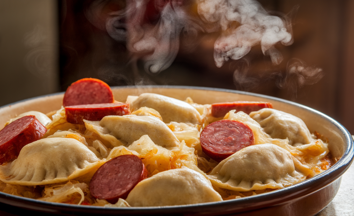Golden-baked kielbasa, pierogies, and sauerkraut in a casserole dish garnished with fresh herbs.