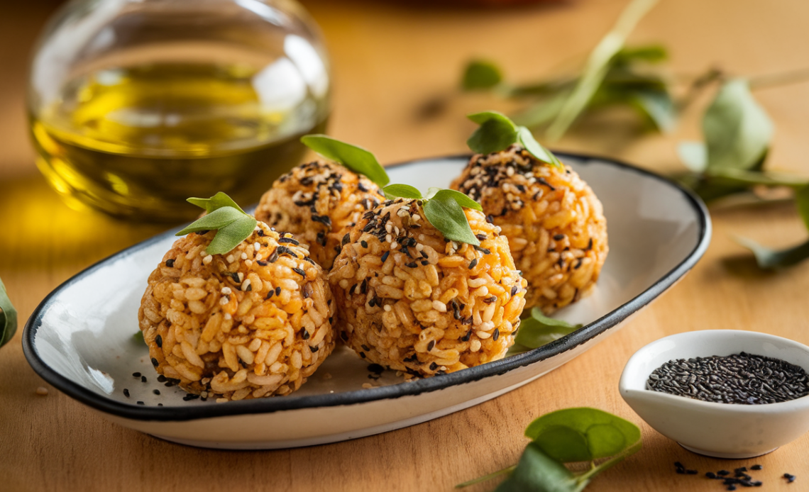 Close-up of golden-brown kimchi cheese rice balls with melted cheese oozing out.