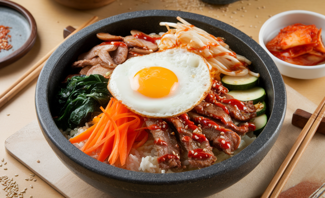 Colorful Korean Bibimbap served in a bowl with rice, sautéed vegetables, beef, fried egg, and gochujang sauce.