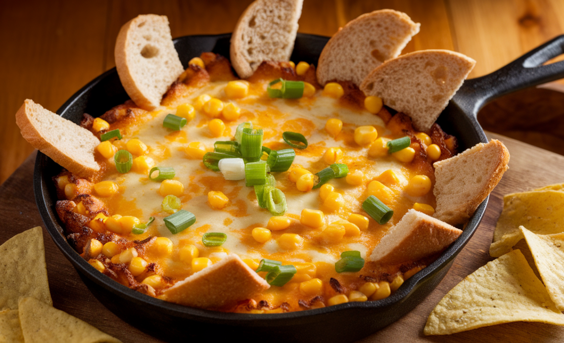 A creamy Korean cheese corn dip served warm in a black skillet, topped with melted golden cheese and sweet corn kernels.