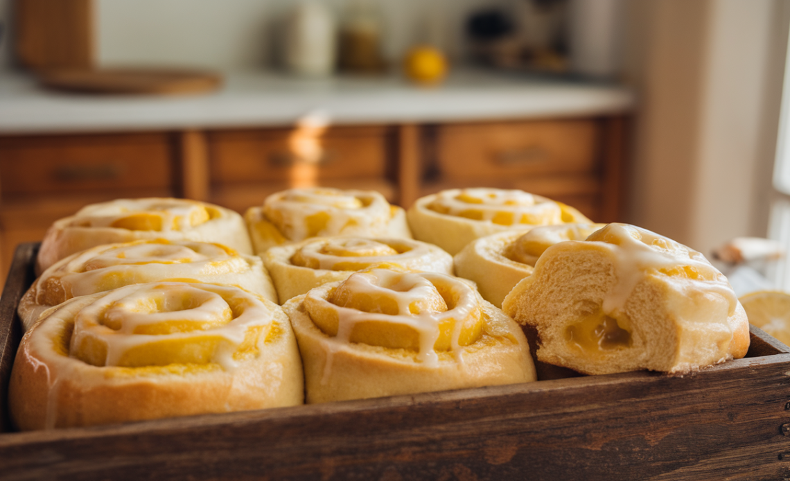 Freshly baked lemon rolls topped with a zesty glaze on a white ceramic plate