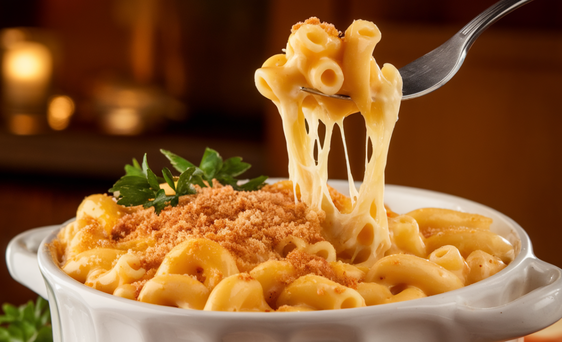 Creamy baked mac and cheese with golden breadcrumb topping in a white ceramic dish, garnished with fresh parsley.