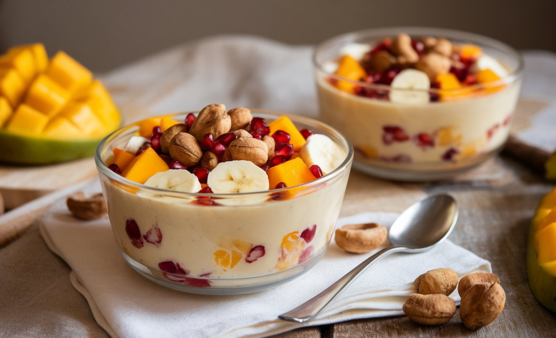 Creamy Makhana (fox nut) fruit custard in a glass bowl, topped with fresh pomegranate, bananas, and nuts, garnished with rose petals.