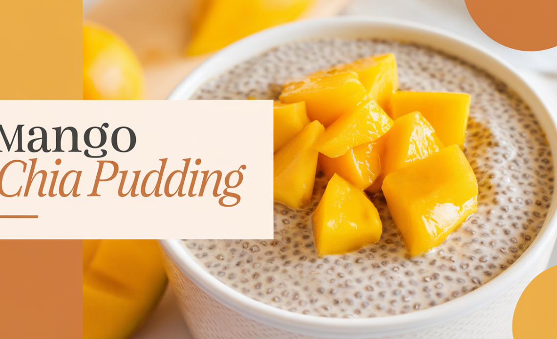 Creamy mango chia pudding served in a glass jar, topped with fresh mango cubes and a sprinkle of chia seeds.