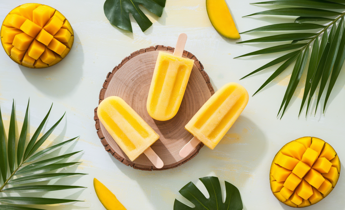 Homemade mango popsicles with fresh mango chunks on a wooden table, garnished with mint leaves.