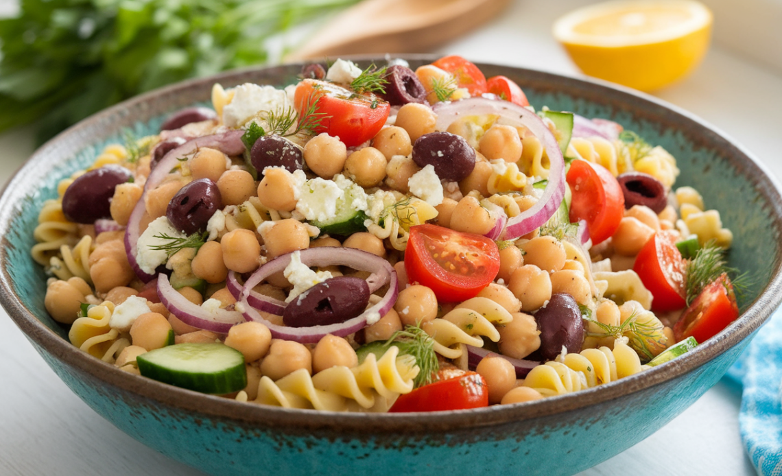 Bowl of Mediterranean chickpea pasta salad with cherry tomatoes, cucumber, red onion, olives, and fresh herbs.