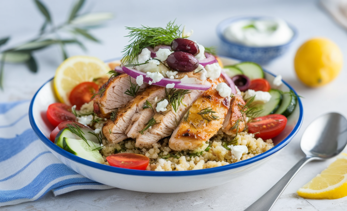 Fresh Mediterranean-inspired lemon-dill chicken bowl with grilled chicken, quinoa, cherry tomatoes, cucumber, olives, feta cheese, and a drizzle of tzatziki sauce on a white plate.