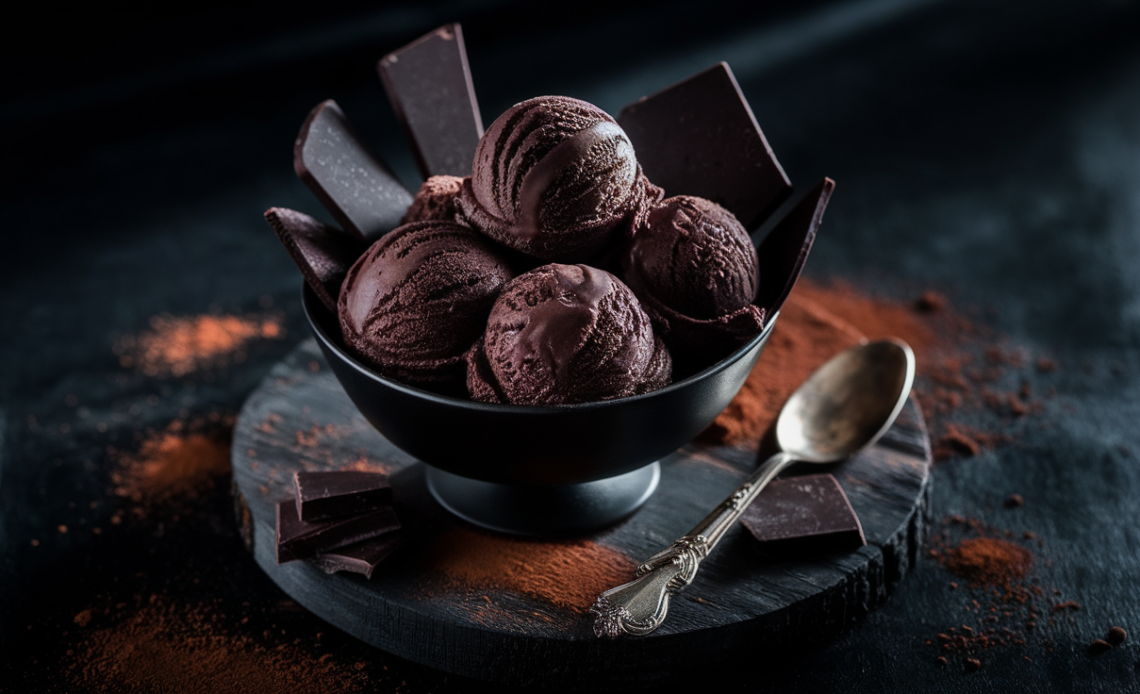 Scoop of rich midnight chocolate ice cream in a dark bowl, drizzled with chocolate sauce and topped with cocoa powder.
