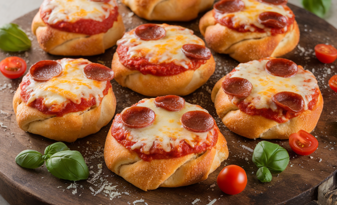 Mini deep dish crescent roll pizzas topped with melted cheese, tomato sauce, and pepperoni slices on a white plate.