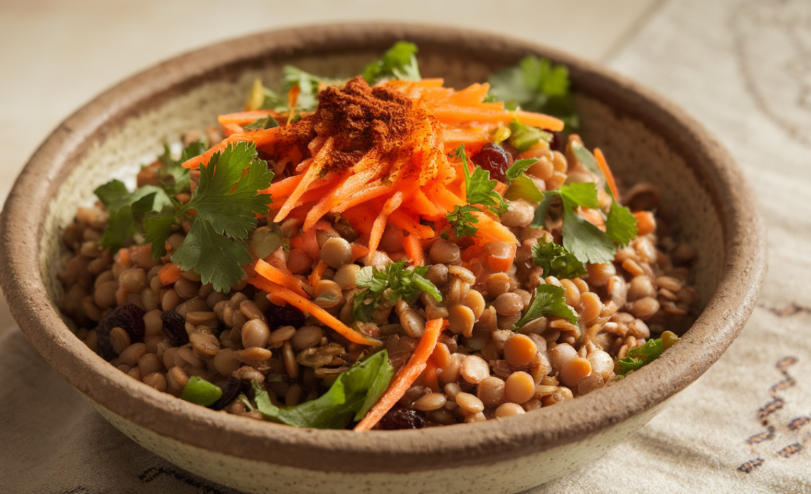 Vibrant Moroccan lentil carrot salad with chickpeas, fresh herbs, and spices in a white bowl, drizzled with lemon dressing.