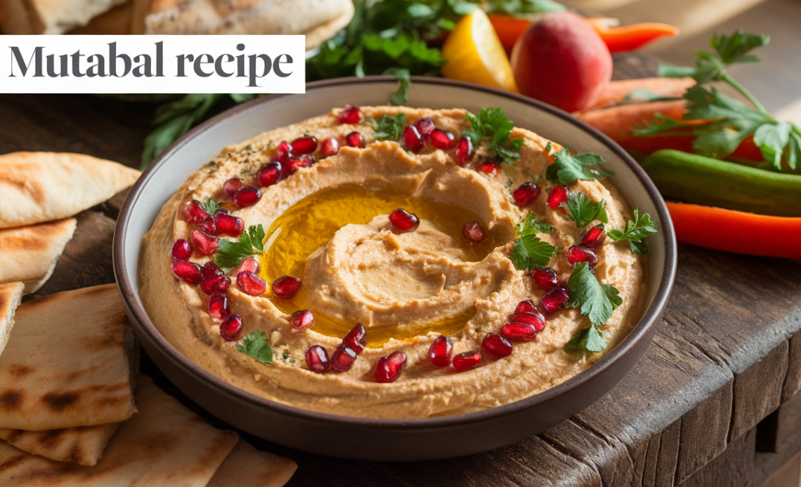 A bowl of creamy mutabal topped with pomegranate seeds and fresh parsley, served with pita bread.