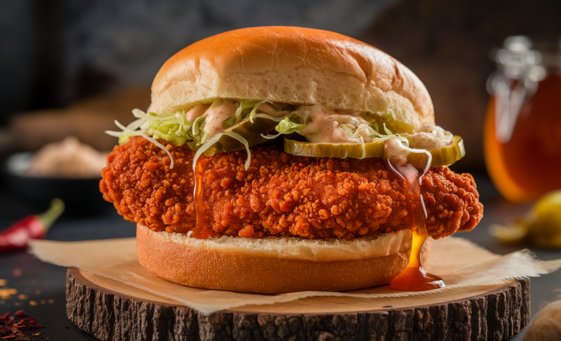 Crispy baked Nashville hot chicken sandwich drizzled with honey on a toasted brioche bun, served with pickles and a side of creamy coleslaw.