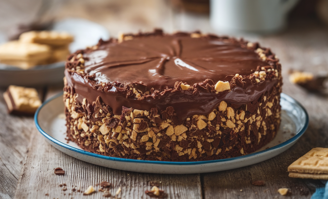 No-Bake Chocolate Biscuit Cake with crushed biscuits, cocoa, and melted chocolate, topped with chocolate ganache and sprinkles.