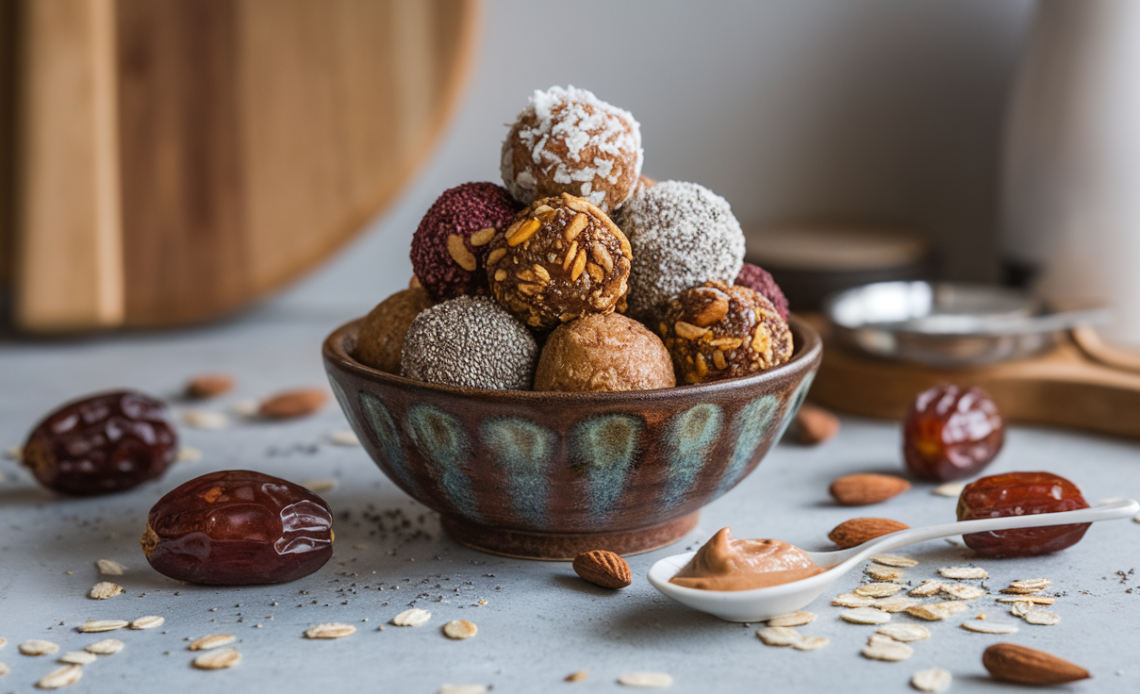 Homemade energy balls made with Medjool dates, nuts, and cocoa, rolled in shredded coconut on a wooden board.