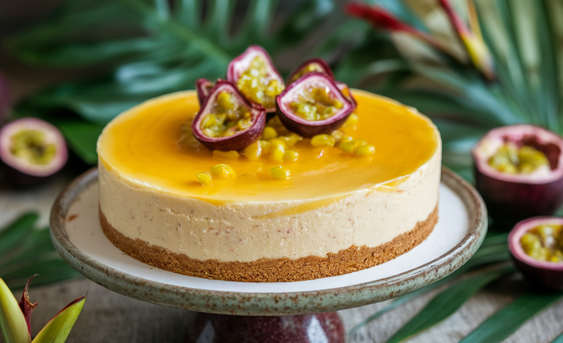 Creamy no-bake passionfruit cheesecake with a golden biscuit crust, topped with fresh passionfruit pulp and mint leaves on a white plate.