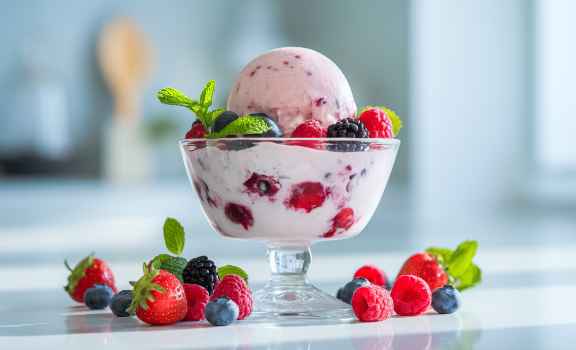 Vibrant no-churn mixed berry sorbet in a glass bowl, topped with fresh strawberries, blueberries, and mint leaves.