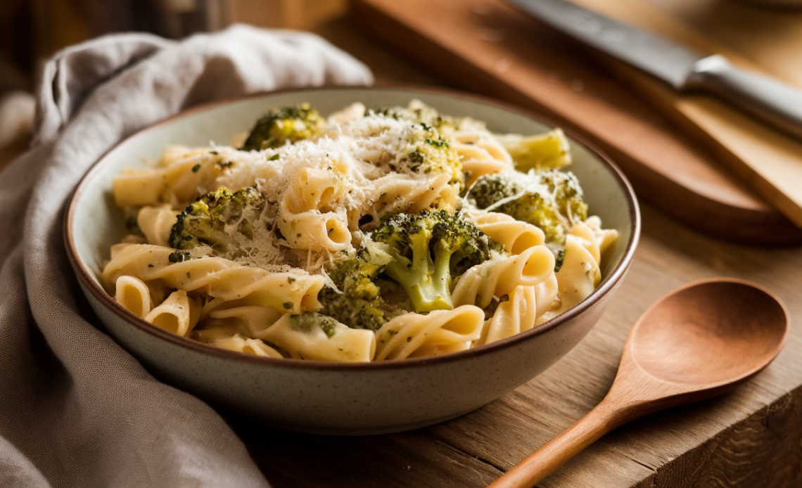 One pot filled with creamy broccoli pasta, garnished with parmesan and fresh herbs.
