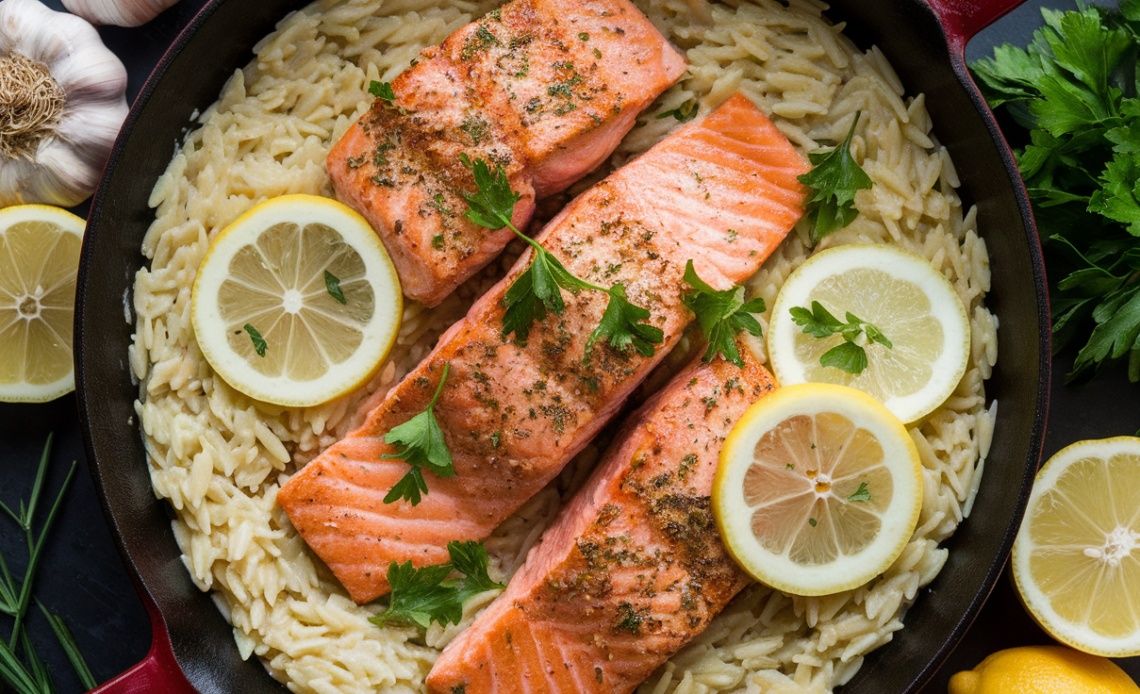Flaky baked salmon with creamy lemon orzo in a cast-iron skillet, garnished with fresh parsley and lemon slices.