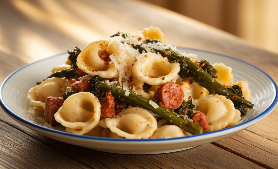 A rustic bowl of orecchiette pasta with crumbled Italian sausage and sautéed broccoli rabe, topped with grated Parmesan cheese.