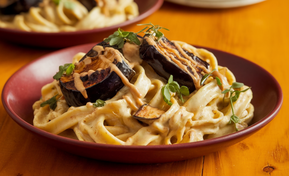 Creamy smoky pasta with burnt aubergine, tahini sauce, and fresh herbs in a rustic bowl, inspired by Ottolenghi’s recipe.