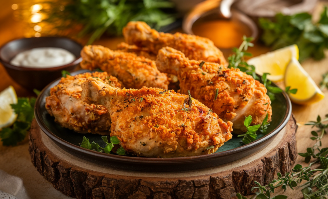 Crispy golden oven-fried chicken pieces on a white plate with fresh herbs and lemon wedges.