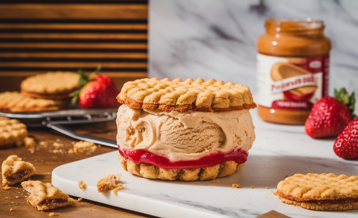 Homemade peanut butter and jelly ice cream sandwiches with creamy peanut butter ice cream, swirled strawberry jam, and soft oatmeal cookie layers.
