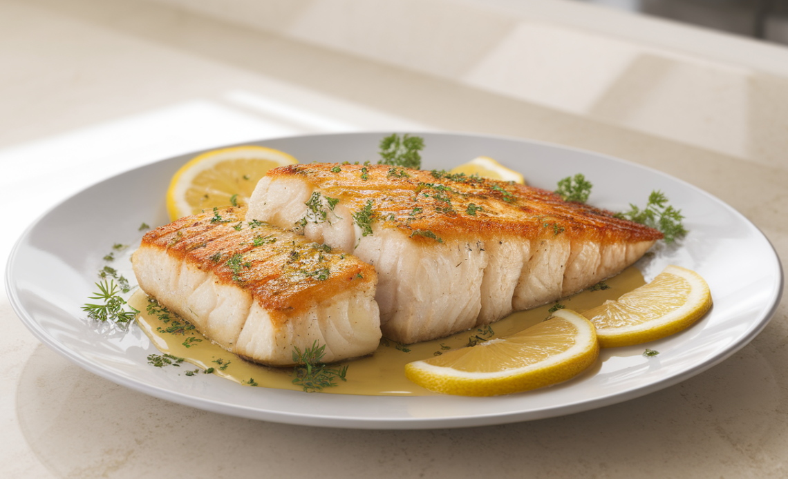 Golden pan-fried cod fillet topped with lemon butter sauce, garnished with fresh parsley and lemon slices, served on a white plate.