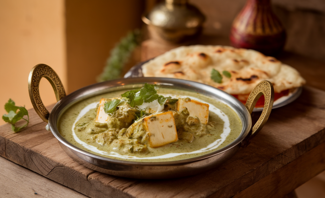 Paneer Afghani served on a white plate garnished with cream, herbs, and a side of green chutney.