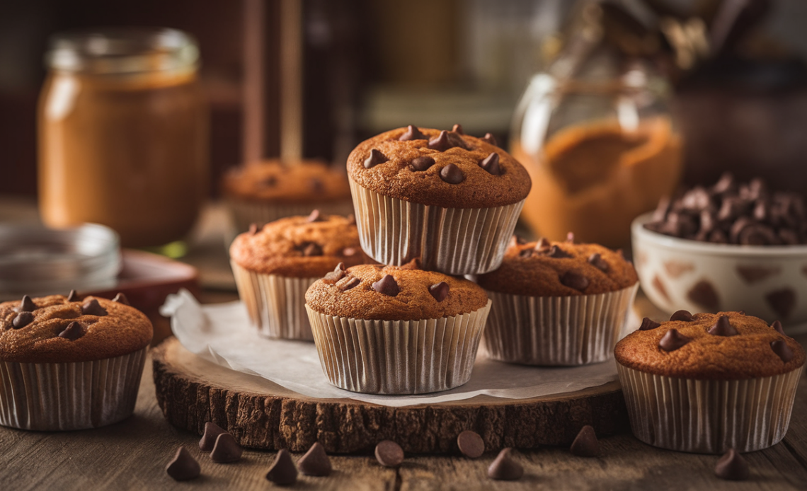 Golden peanut butter muffins studded with melted chocolate chips, displayed on a rustic wooden board.