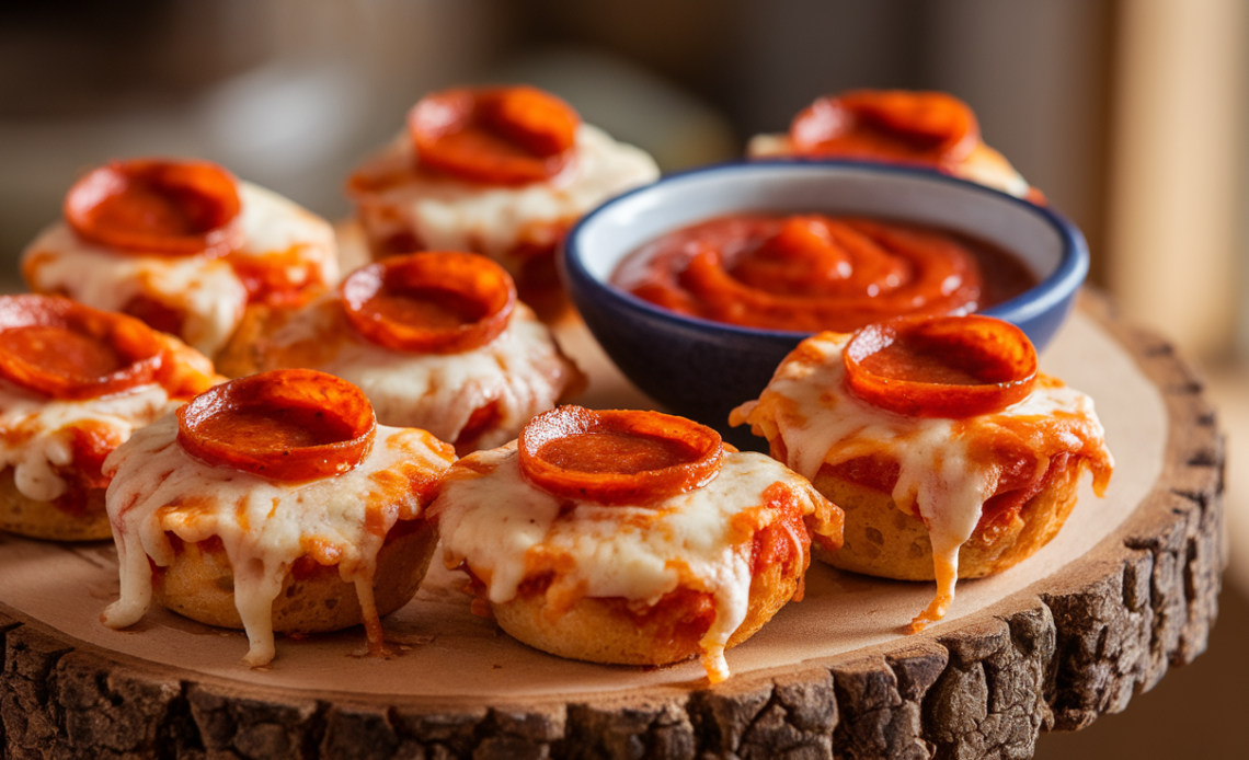Close-up of crispy, golden-brown pepperoni pizza bites with melted cheese oozing out.