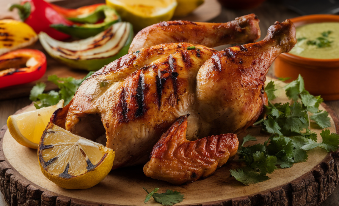Juicy Peruvian grilled chicken (Pollo a la Brasa) with crispy golden skin, served with creamy aji verde sauce, roasted potatoes, and fresh salad on a rustic wooden table.