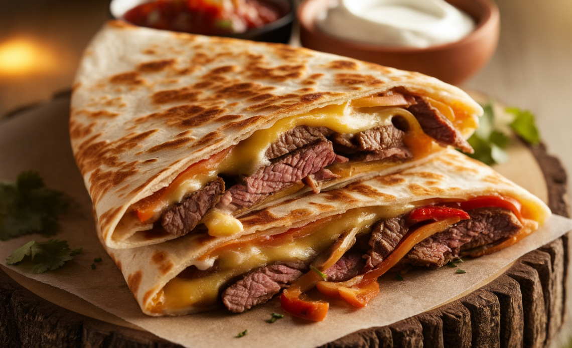 A crispy golden quesadilla stuffed with tender sliced steak, melted cheese, sautéed peppers, and onions, cut into triangles on a wooden board with fresh cilantro garnish.