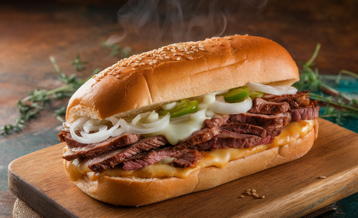Close-up of a Philly cheesesteak sandwich with melted cheese, sautéed onions, and thinly sliced steak in a toasted hoagie roll.