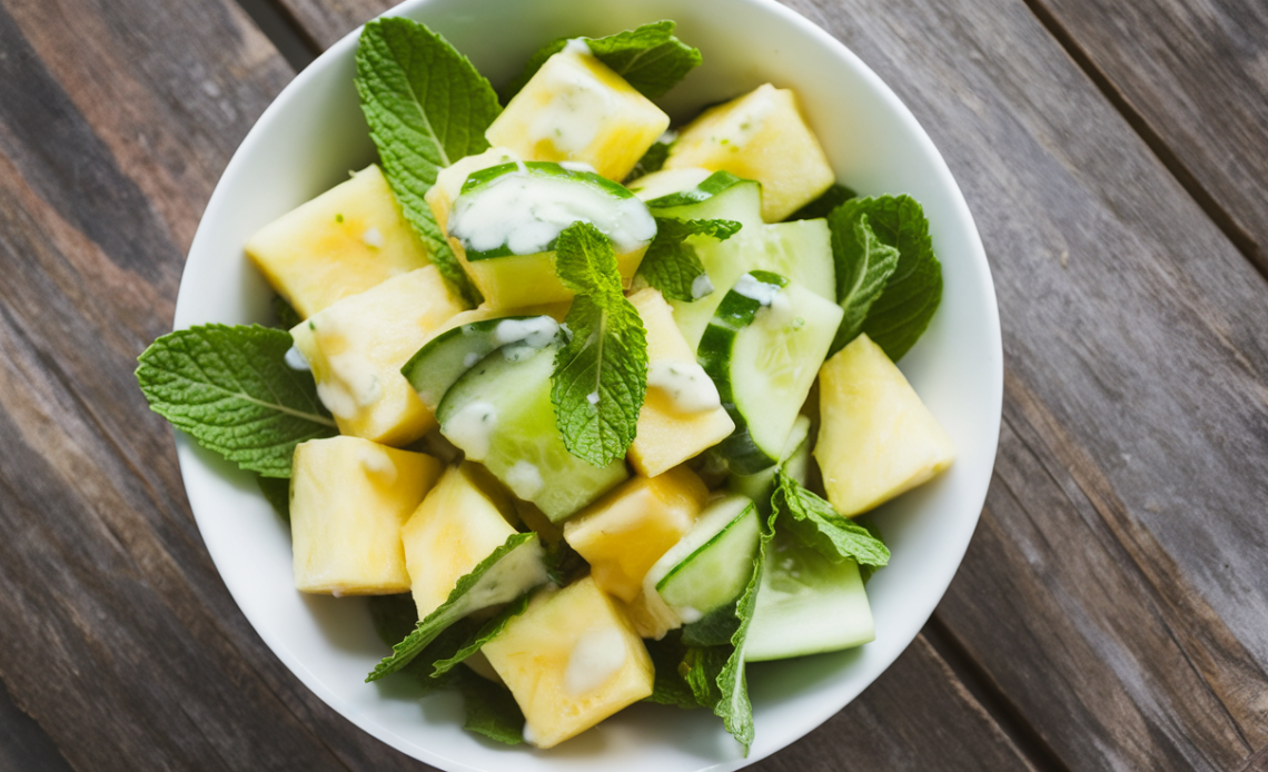 Fresh pineapple cucumber salad with mint, lime, and chili flakes in a white bowl, ready to serve.