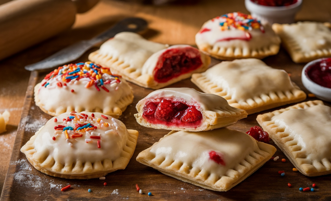 Freshly baked homemade pop tarts with flaky pie crust, filled with strawberry jam and drizzled with vanilla glaze.