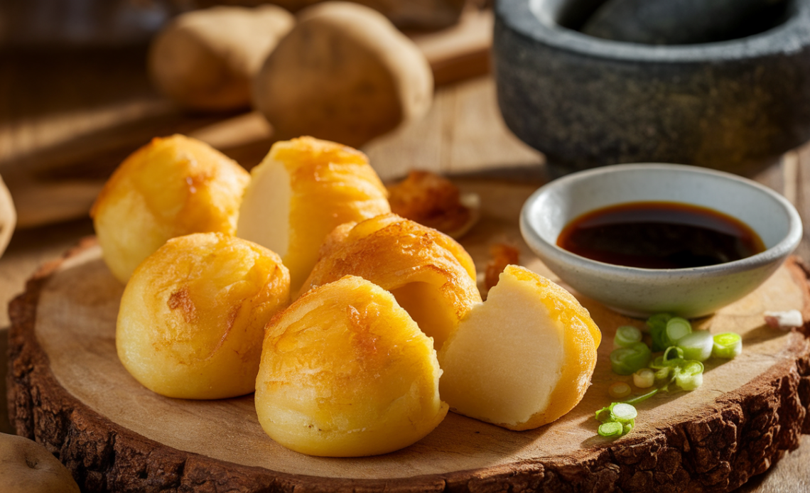 Golden crispy potato mochi on a wooden plate, garnished with green onions and sesame seeds.